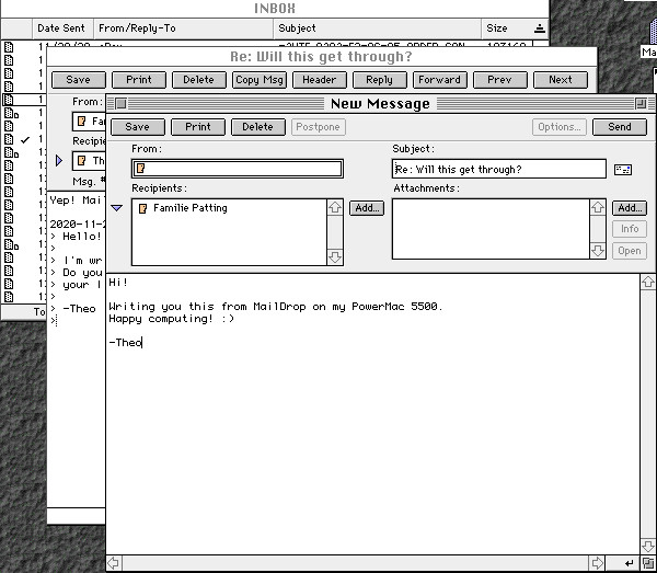 Mail drop IMAP client in action on System 7